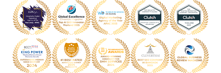 Golden award badges showcasing our Bangkok web agency's expertise in SEO, web development, and digital marketing, 2022-2024.