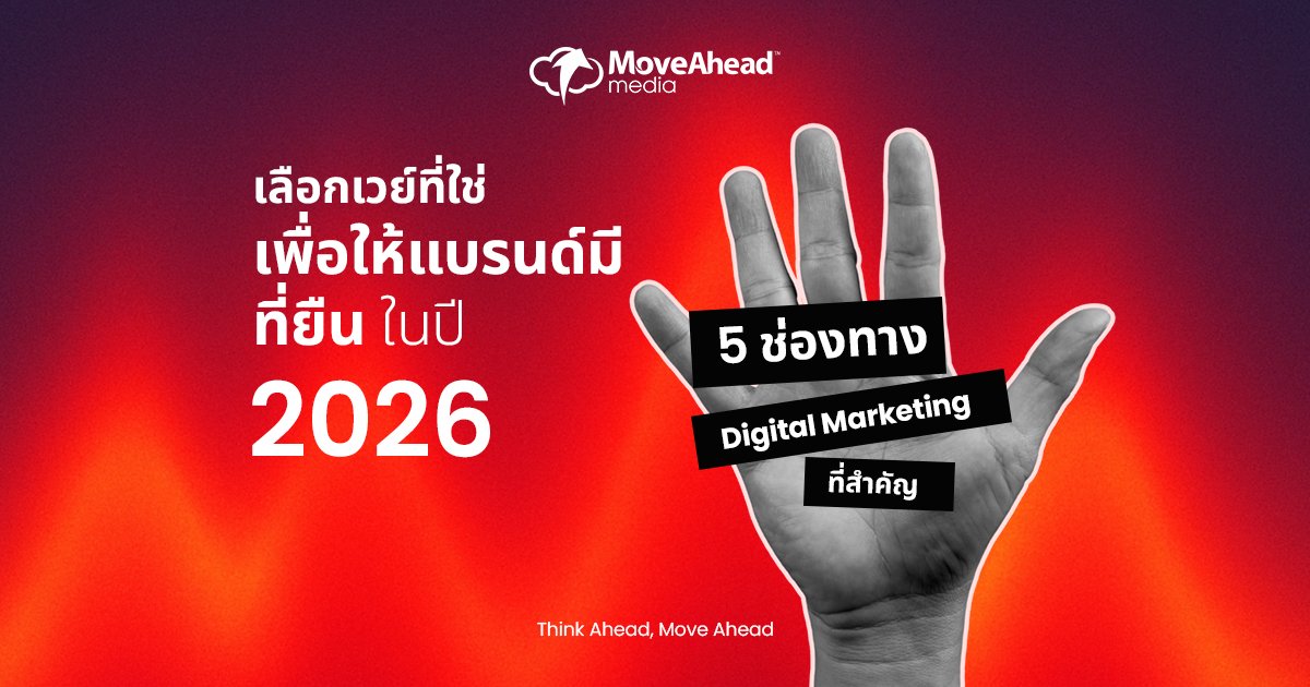 MoveAhead media's digital marketing blog banner. A hand with '5 Digital Marketing Channels' text, promoting brand standing by 2026.
