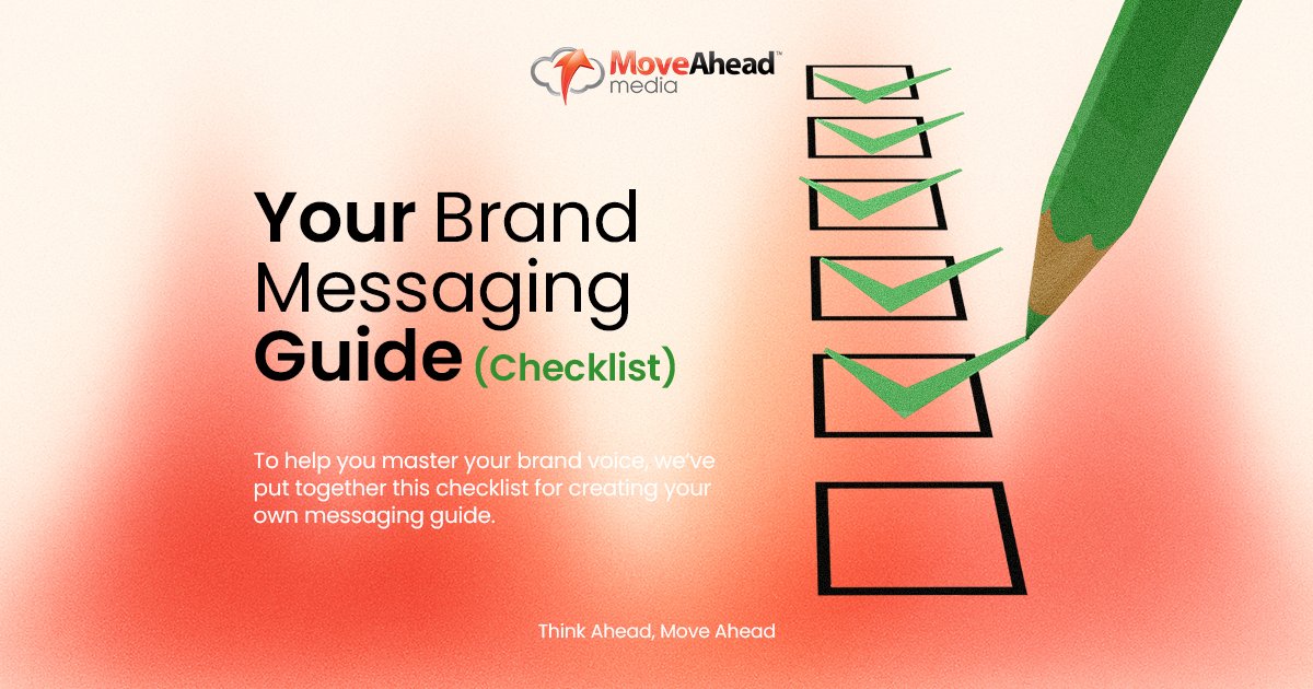 Green pencil marks off items on a "Your Brand Messaging Guide" checklist, highlighting steps for developing a strong brand voice.