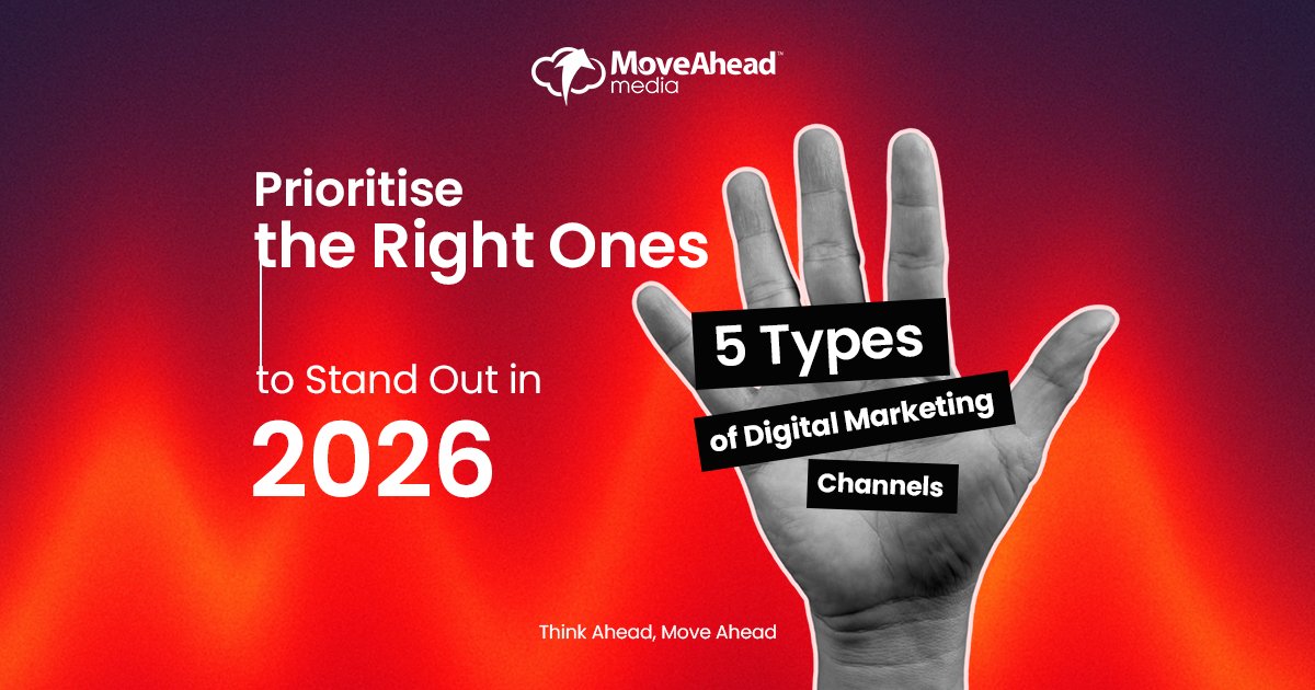 Hand displaying "5 Types of Digital Marketing Channels" with text "Prioritise the Right Ones to Stand Out in 2026."