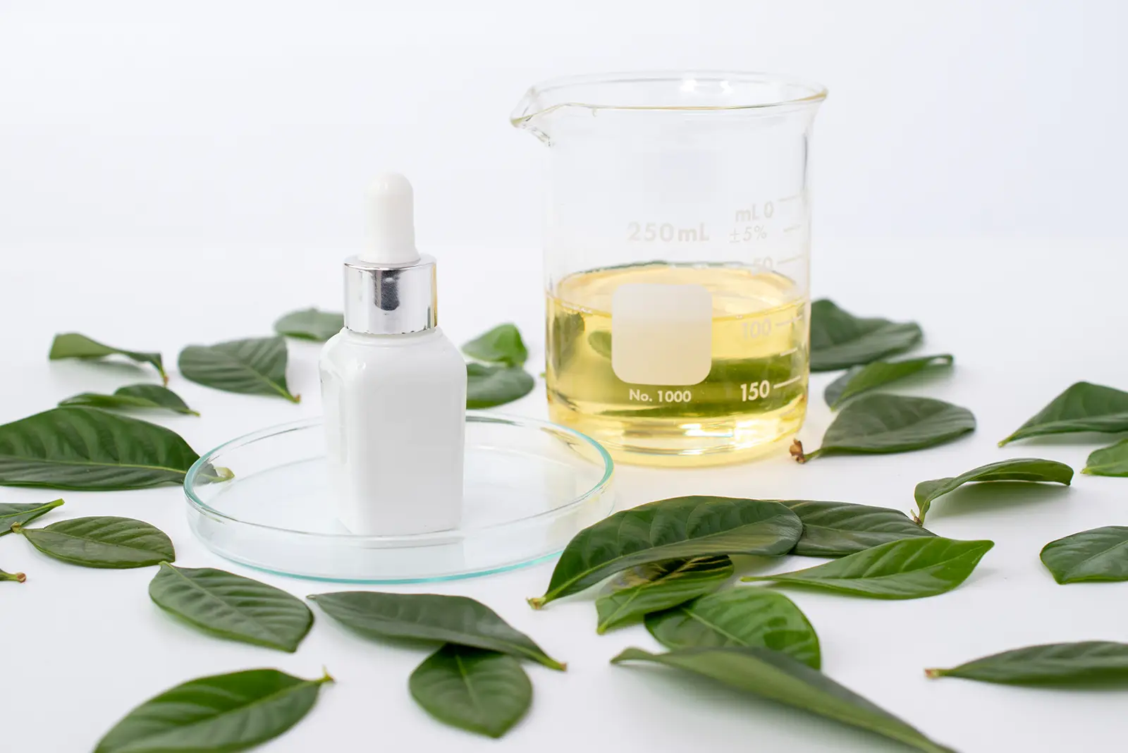 Organic skincare ingredients: dropper bottle, beaker with yellow serum, and fresh green leaves for Goodganic.
